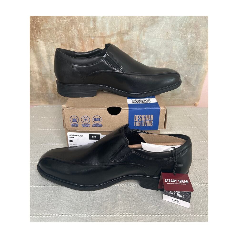 Clarks Steadwell Step Men's Black Leather Slip On Dress Loafer Wide Size 9 W